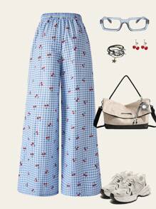 SHEIN Teen Girl Casual Fashion Woven Digital All-Over Checkerboard Cherry Print Pleated Waist Drawstring Comfortable Pants - Blue and White - View 2