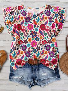 EMERY ROSE Plus Size Women's Daily Casual Elegant Retro Holiday Style Tropical Floral Retro Pattern Round Neck Double Layer Cap Sleeve Loose Shirt, Women's Summer Clothing, Women's Vacation Clothing, Women's Summer Clothing, Women's Going Out Tops,Flower/Spring - Multicolor - View 2