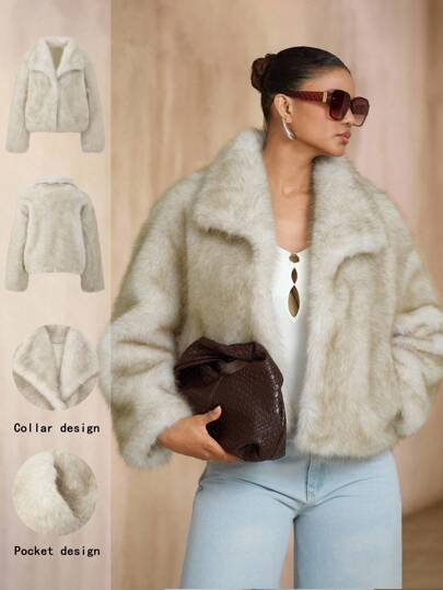 SHEIN Unity 女士纯色长袖休闲百搭仿毛领短款夹克