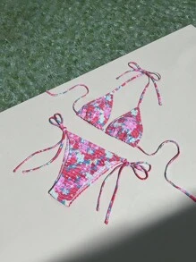 Summer Beach Floral Print Smocked Halter Triangle Bikini Set - Pink - View 5