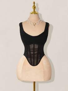 SHEIN ICON Bralette transparente con escote en pico y diseño de espina de pescado - Negro - Ver 9