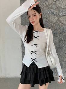 SHEIN Áo thun dài tay cổ tròn màu trơn cho nữ tuổi teen, tay raglan, phối nơ tương phản, kiểu dáng thường ngày, thích hợp cho kỳ nghỉ, mùa xuân/hè, năm mới/trở lại trường/ngày đầu tiên đi học. - trắng - Xem 6