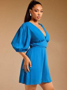 Vixey Women's Summer Minimalist Solid Deep V-Neck Romper, Bright Blue Dress, Blue Vacation Dress, Blue Summer Dress, Lace Up Back Dress, Vacation Outfits For Women - Blue - View 4
