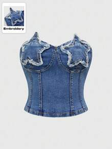 ROMWE Grunge Punk Women Y2K Star Embroidery Denim Blouse - Blue - View 1
