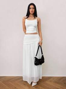 SHEIN Tall 女士休闲通勤简约纯色百褶腰裙 - 白色 - 查看 3