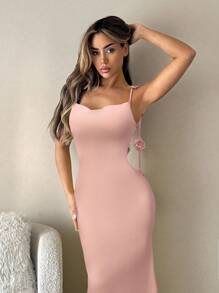 SHEIN ICON 女式露背紧身长裙，性感露背，3D花卉装饰 - 藕粉色 - 查看 5