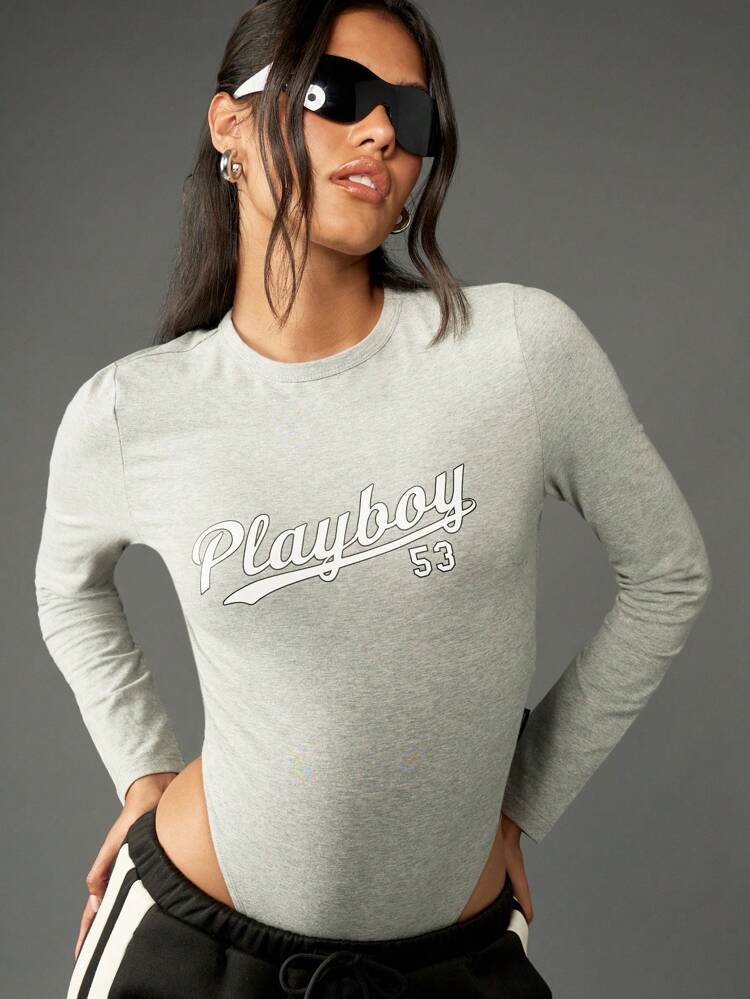 Missguided x Playboy Long Sleeve Fitted Bodysuit With Varsity Text Print