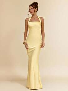 SHEIN BAE 女士春夏性感简约纯黄色缎面露背吊带连衣裙，适合派对、鸡尾酒会、正式场合、伴娘、生日庆典 - 黃色 - 查看 3
