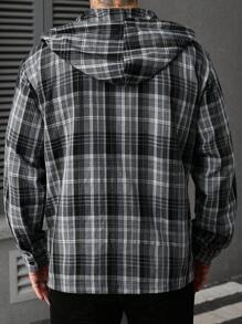 Manfinity Homme 男士格子长袖单排扣抽绳连帽休闲衬衫，男士衬衫，男士夏季，男士夏季休闲装，简约百搭，适合日常通勤出行。 - 藍色 - 查看 2