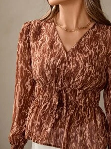 Wildy Blusas elegantes para mujer con estampado de gasa marrón, blusas con cuello en V y cinturón de color borgoña, blusas con estampado de leopardo, blusas rojas, blusas elegantes para fiestas, graduaciones y eventos sociales de manga larga