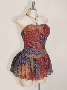 SHEIN ICON 大码女式波西米亚度假性感撞色印花抹胸迷你连衣裙，夏季，波西米亚风格服装 - 彩色 - 查看 5