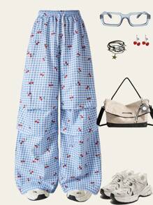 SHEIN Teen Girl Casual Fashion Woven Digital All-Over Checkerboard Cherry Print Pleated Waist Drawstring Comfortable Pants - Blue and White - View 1