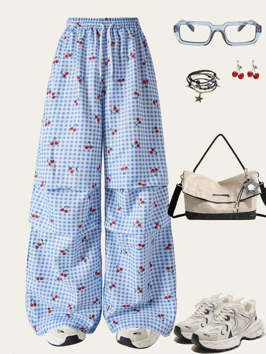 SHEIN Teen Girl Casual Fashion Woven Digital All-Over Checkerboard Cherry Print Pleated Waist Drawstring Comfortable Pants - Blue and White - View 1