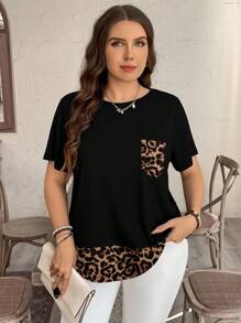 SHEIN LUNE Lässiges, minimalistisches T-Shirt mit rundem Ausschnitt, Kurzarm, Leoparden-Muster und Farbblockdesign mit Tasche, Große Größen, geeignet für den Sommer