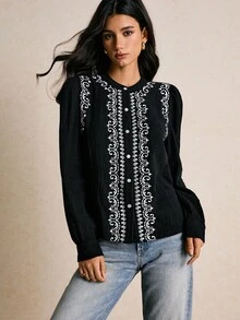 Poéselle 女士优雅花卉印花泡泡袖单排扣衬衫、波西米亚风复古印花、长袖衬衫、波西米亚风格女式衬衫、长袖衬衫、秋季女式衬衫、西部上衣、女式衬衫和衬衫、纽扣衬衫、波西米亚风衬衫 - 黑色 - 查看 7