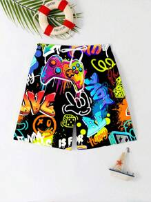 Tween Boy Casual Minimalist Letter & Cartoon Print Swim Trunks, Suitable For Summer