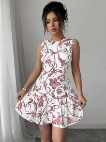 Elenzga 最新款花卉印花圆领无袖收腰女式迷你连衣裙，春夏 - 紅色 - 查看 4