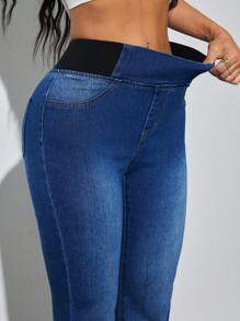 SHEIN PETITE 女士蓝色牛仔裤紧身喇叭裤舒适高弹力牛仔夏季办公室装 Siren Style - 深色水洗藍 - 查看 7