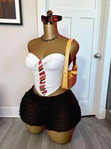 Slaydiva New Summer Casual Street Commuter Y2K Daily Date Tie Print Lapel Heart Collar Tube Top Arc Hem White Top + Cow Blind Knitted Shorts Mini Pants Black Pants Women's Two Pieces Set-B - Multicolor - View 1