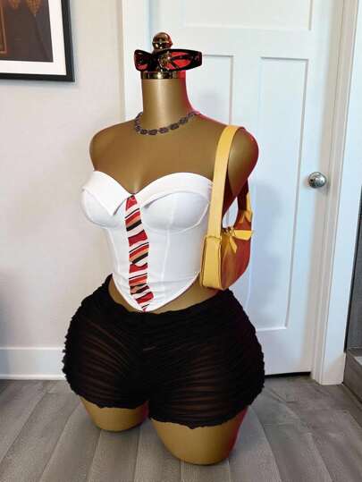 Slaydiva New Summer Casual Street Commuter Y2K Daily Date Tie Print Lapel Heart Collar Tube Top Arc Hem White Top + Cow Blind Knitted Shorts Mini Pants Black Pants Women's Two Pieces Set-B