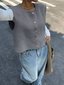 Siren Gaze Women's Casual Solid Color Short Wool Metal Button Sweater Vest,Fall Winter Casual Spring - Light Grey - View 5
