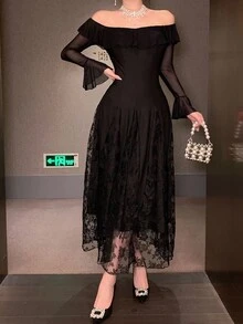 DAZY Đầm dài tay loe xếp nếp hở vai phối ren chắp vá cho nữ, mùa thu, mùa thu Quần áo nữ Đầm dài tay Đầm dạ hội Đầm thanh lịch cho nữ - màu đen - Xem 4