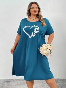 SHEIN CURVE+ Curve Plus 红色心形印花长裙，情人节 - 綠色 - 查看 3