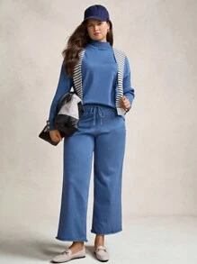 Zelara Plus Size Women's Blue Crew Neck Button Decor Pullover Sweater And Wide Leg Pants 2 Pieces Casual Loose Set, Warm For Autumn & Winter Fall - Blue - View 3