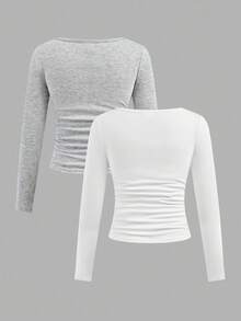 2pcs/Set Vintage Square Collar Solid Color Fitted Long Sleeve T-Shirt With Bow Decor, Versatile Autumn/Winter Fall Girls Tight Tops - Multicolor - View 2