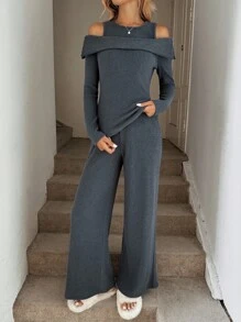Easowa 2pcs Women Cutout Shoulder Long Sleeve Top And Wide Leg Pants Set, Comfortable Casual Loose Elegant Commuter Outfit Knit Two Piece Set Comfortable Two Piece Set Long Sleeve Jumpsuits For Women Off The Shoulder Two Piece Set