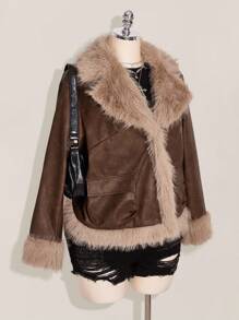 SHEIN ICON Plus Size Vintage PU Leather Patchwork Faux Fur Collar Double Pocket Jacket Fur Jacket Women Brown Fur Jacket Women Fur Coat Faux Fur Jacket Women Brown Jacket Women Winter Fall Autumn