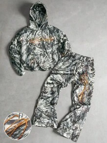PAVTROS 男士街头风格流行 INS 搭配仿生迷彩“自由”刺绣连帽衫和裤子套装，适合户外音乐节、夜总会、男友/丈夫礼物、周年纪念礼物、男士迷彩两件套、男士慢跑套装、男士迷彩运动服、男士户外服装套装、秋装 - 彩色 - 查看 4