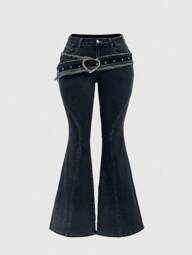 ROMWE Grunge Punk Vintage Grunge Y2K Style Canvas Belt With Heart Shaped Metal Buckle, Plus Size Flared Distressed Denim Pants