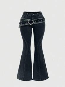 ROMWE Grunge Punk Sabuk Kanvas Gaya Grunge Vintage Kasual Musim Semi Y2K dengan Gesper Logam Berbentuk Hati, Celana Denim Lebar Ukuran Besar dengan Tampilan Sobek - Navy Blue - View 1