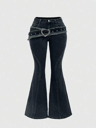 Grunge Punk Vintage Grunge Y2K Style Canvas Belt With Heart Shaped Metal Buckle, Plus Size Flared Distressed Denim Pants