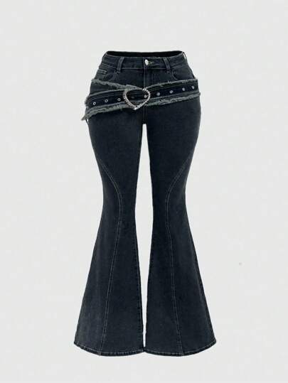 ROMWE Grunge Punk Vintage Grunge Y2K Style Canvas Belt With Heart Shaped Metal Buckle, Plus Size Flared Distressed Denim Pants