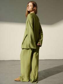 Aveloria Modichic 2pcs Women's Casual Loose Linen Feel Wrap V-Neck Long Sleeve Top And Pants Set