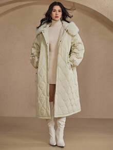 DAZY 女式长款毛领拼接棉衣 秋冬 - 米色 - 查看 6