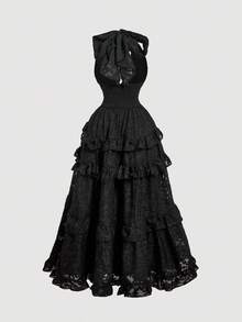 SHEIN X Hannahelzahed SHEIN MOD Váy maxi hở lưng dệt hoa mơ, nơ bản lớn, lãng mạn, thanh lịch với viền xếp nếp nhiều lớp, thích hợp cho các buổi hẹn hò, tiệc tùng, ngày lễ, tiệc trà, sinh nhật - màu đen - Xem 2