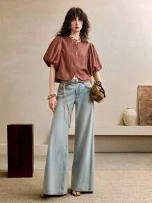 Arave 女式夏季编织闪亮金线泡泡灯笼袖圆领纹理设计衬衫，短袖上衣 - 紫紅色 - 查看 1