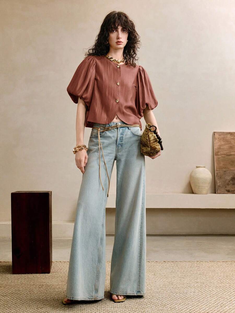 Arave 女式夏季编织闪亮金线泡泡灯笼袖圆领纹理设计衬衫，短袖上衣 - 紫紅色 - 查看 1