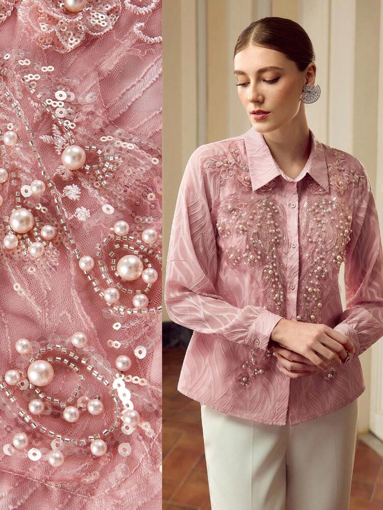 ZEYLAH Blusa Elegante Feminina de Manga Longa com Botão Único e Decoração de Pérola Falsa
