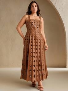 Anewsta 大码女式新款卡其色优雅细肩带A字连衣裙 - 卡其色 - 查看 4