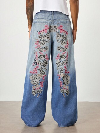 Street Life Men's Floral Embroidered Loose Baggy Jeans