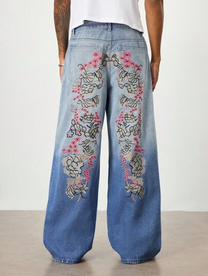 Street Life Jeans larghi e morbidi da uomo con ricamo floreale