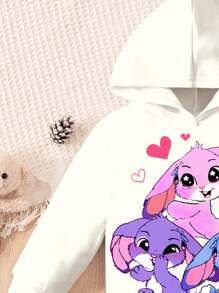 SHEIN Happikins 2pcs Baby Girl Cute White Autumn Outfits,Kawaii Cartoon Pink Rabbit&Stitch Graphic Sweatshirt And Pants Set,Matching Family Party Clothes - Multicolor - View 4