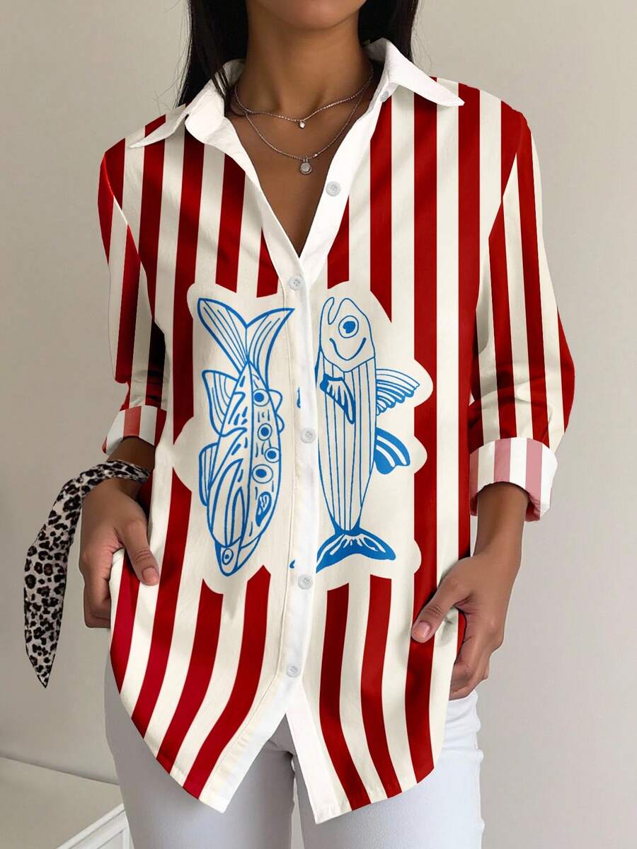 EMERY ROSE Casual Striped Fish Print Long Sleeve Women Shirt - Multicolor - View 1