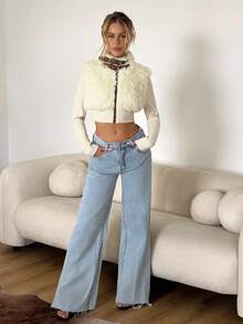SHEIN ICON Women's Fashion Street Style Zip-Up Buckle Detail Cropped Faux Fur Jacket, Autumn/Winter - Apricot - View 2