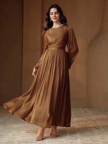 Anewsta 女士长袖连衣裙，优雅百搭，适合通勤、春秋两季 - 摩卡棕 - 查看 5