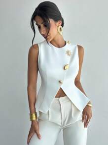 Firerie 女士优雅精致浪漫通勤新款时尚日常金属纽扣腰部 A 字下摆无袖白色衬衫上衣 - 白色 - 查看 4